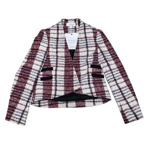 Derek Lam 10 Crosby Plaid Boucle Cropped Jacket Burgundy Wool Mohair Navy Size 4